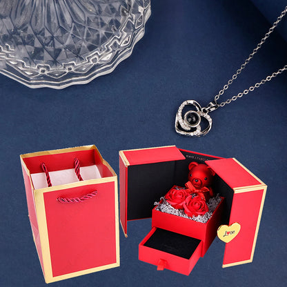 ❤️ Personalisierte Foto Projektions Halskette mit eigenem Bild – Herz Anhänger aus Edelstahl mit Bärchen Rosen Geschenkbox für Damen
