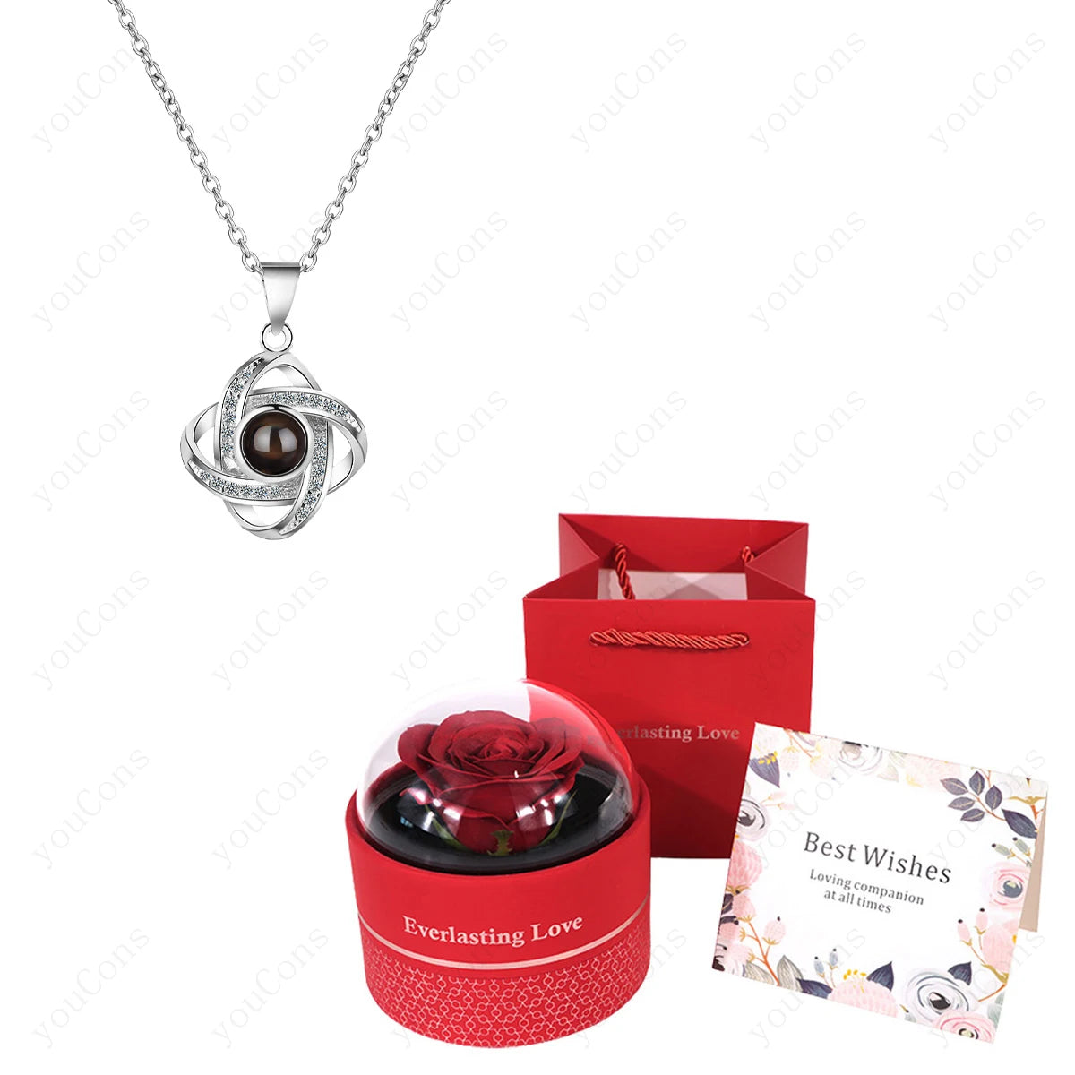 ❤️ Personalisierte Foto Projektions Halskette mit eigenem Bild – Edelstahl Halskette mit luxuriöser roter Rosen Geschenkbox für Damen