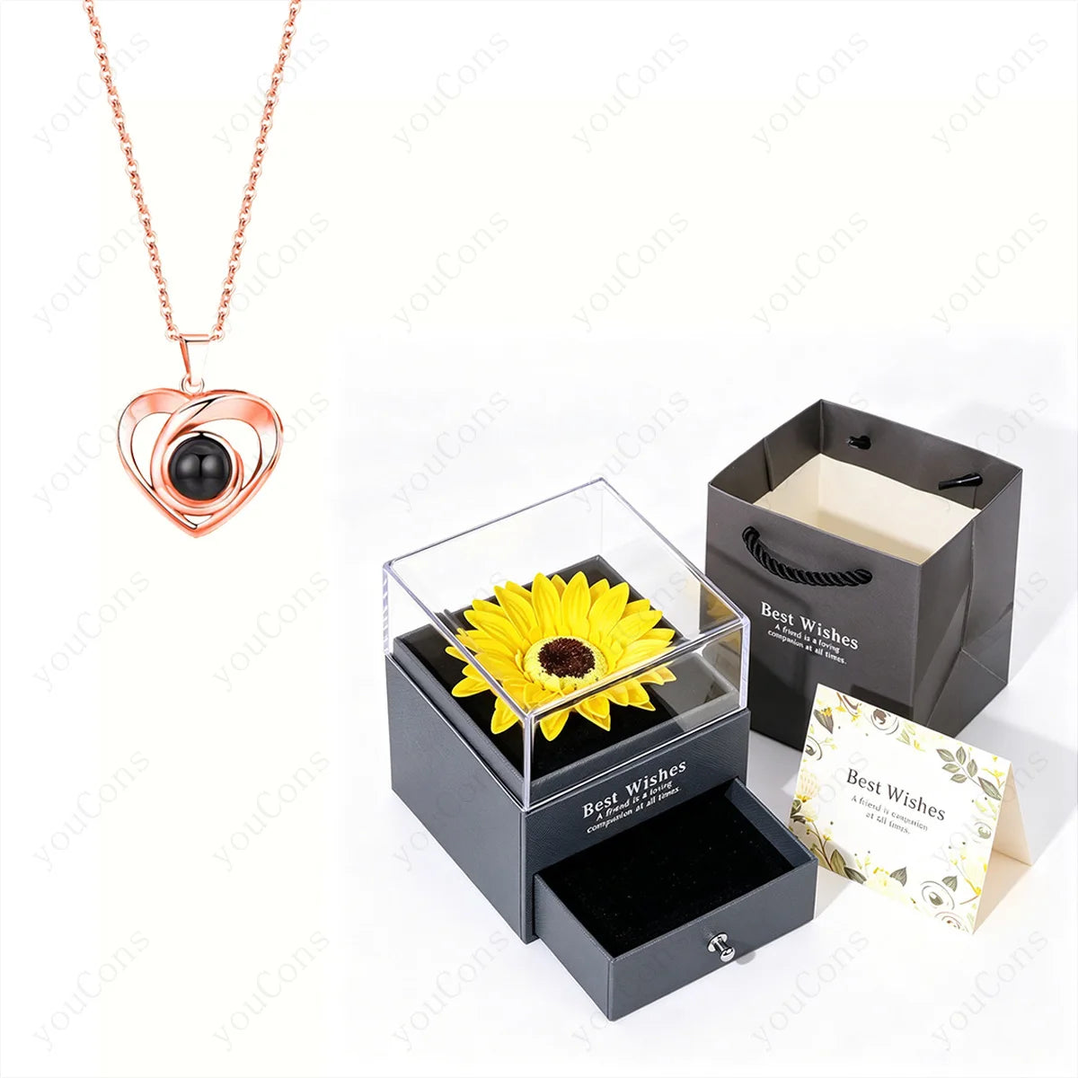 ❤️ Personalisierte Foto Projektions Halskette mit eigenem Bild – Edelstahl Anhänger mit Sonnenblumen Geschenkbox für Damen