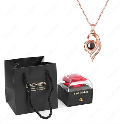 ❤️ Personalisierte Foto Projektions Halskette mit eigenem Bild – Herz Anhänger aus Edelstahl mit Rosen Geschenkbox für Damen