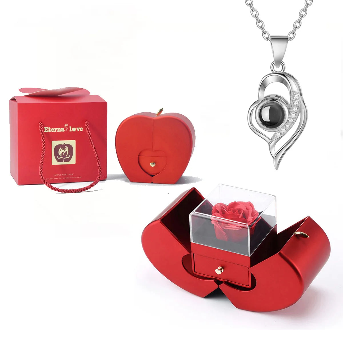 ❤️ Personalisierte Foto Projektions Halskette mit eigenem Bild – Herz Anhänger aus Edelstahl mit Apfelrosen Geschenkbox für Damen & Haustiere