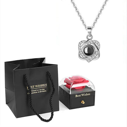❤️ Personalisierte Foto Projektions Halskette mit eigenem Bild – Herz Anhänger aus Edelstahl mit schwarzer Rosen Geschenkbox für Damen