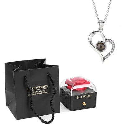 ❤️ Personalisierte Foto Projektions Halskette mit eigenem Bild – Herz Anhänger aus Edelstahl mit schwarzer Rosen Geschenkbox für Damen