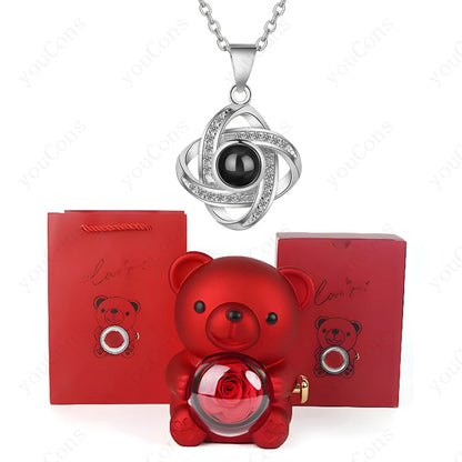 ❤️ Personalisierte Foto Projektions Halskette mit eigenem Bild – Herz Anhänger aus Edelstahl mit Bären Rosen Geschenkbox für Damen