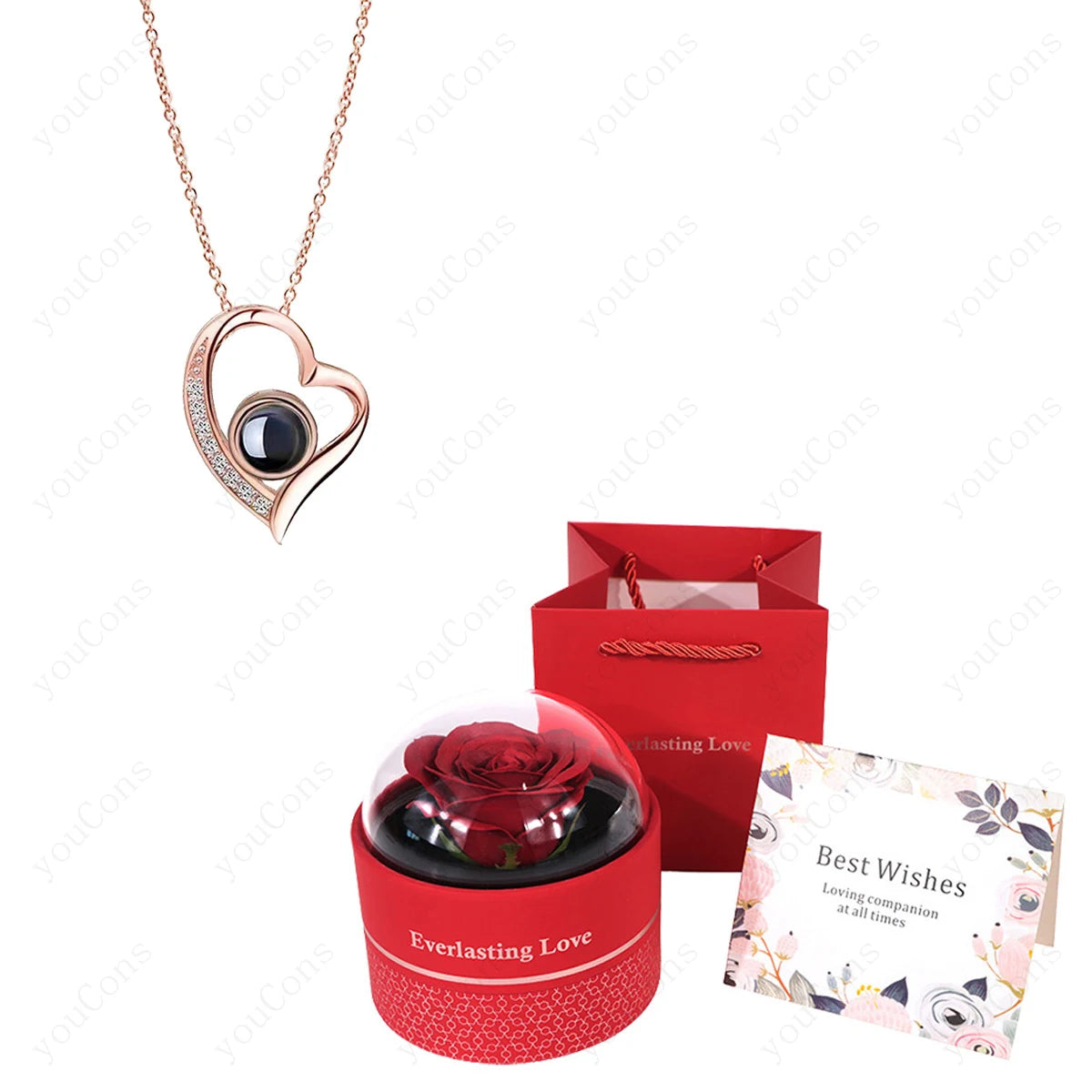 ❤️ Personalisierte Foto Projektions Halskette mit eigenem Bild – Edelstahl Halskette mit luxuriöser roter Rosen Geschenkbox für Damen