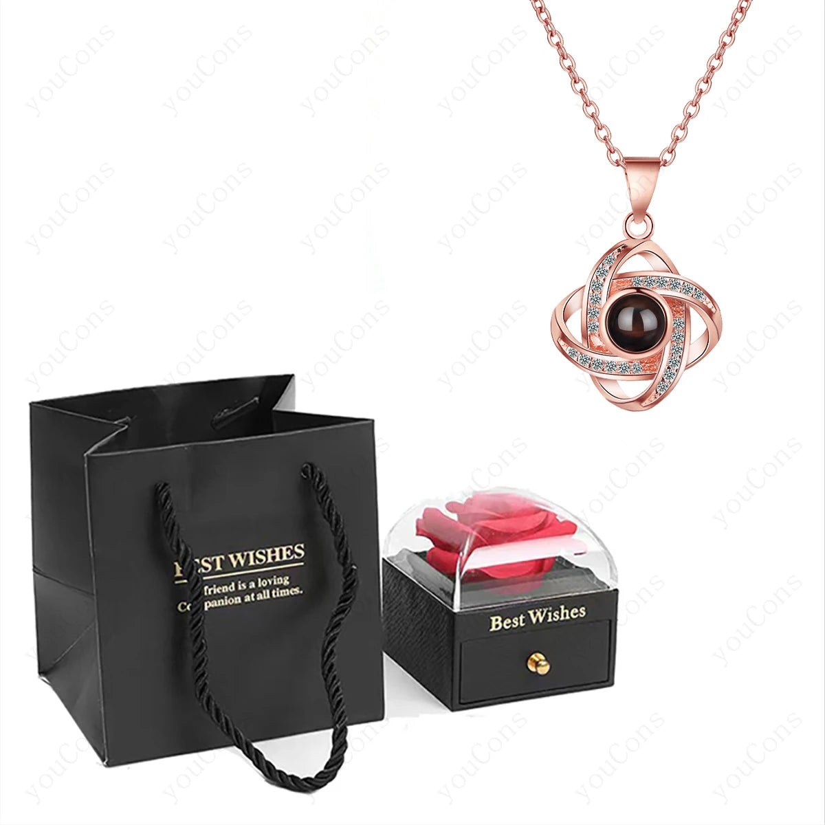 ❤️ Personalisierte Foto Projektions Halskette mit eigenem Bild – Herz Anhänger aus Edelstahl mit Rosen Geschenkbox für Damen