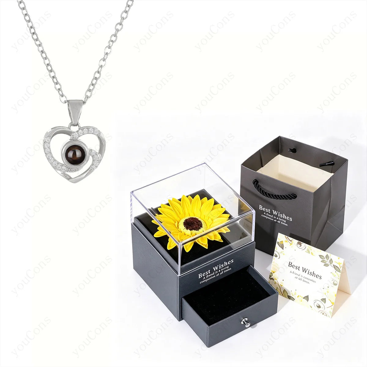 ❤️ Personalisierte Foto Projektions Halskette mit eigenem Bild – Edelstahl Anhänger mit Sonnenblumen Geschenkbox für Damen