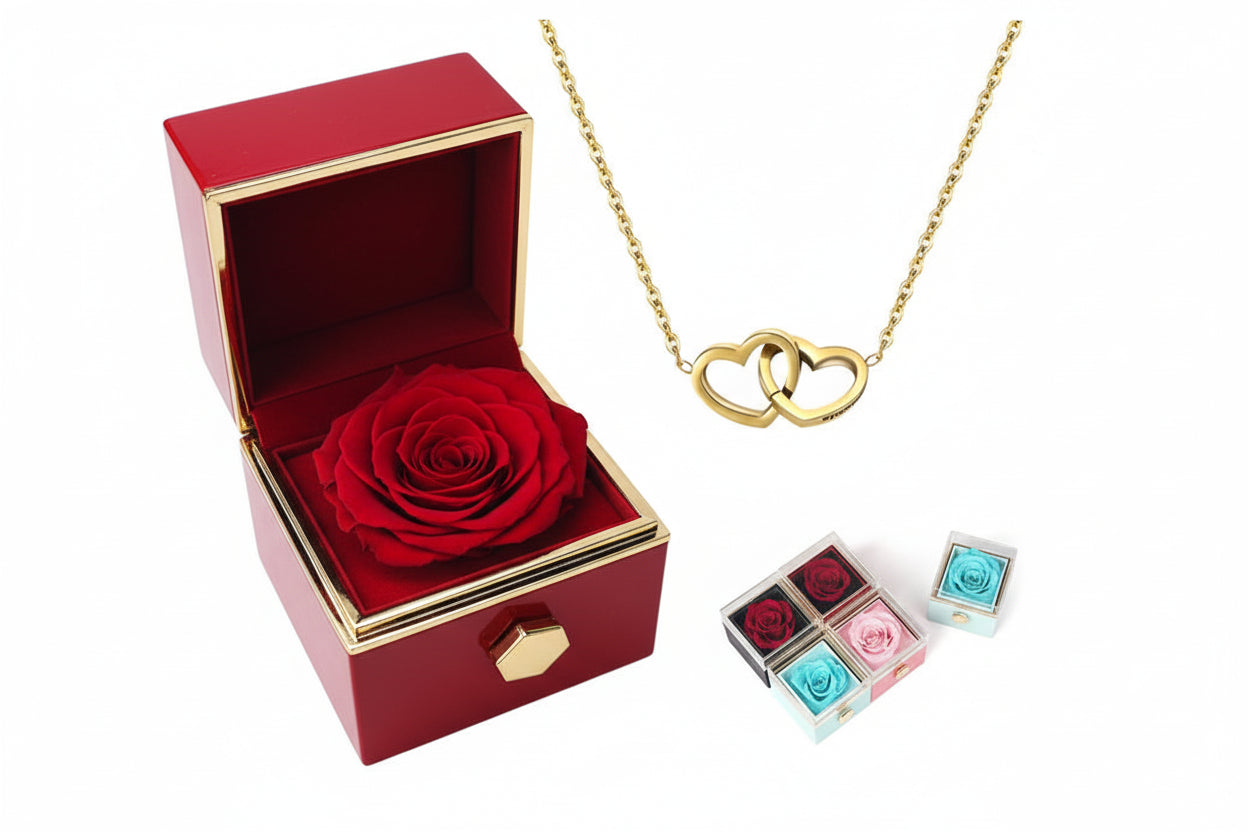 🌹 Ewige Rose mit personalisierter Namenskette – Doppelherz Geschenkbox mit Drehfunktion