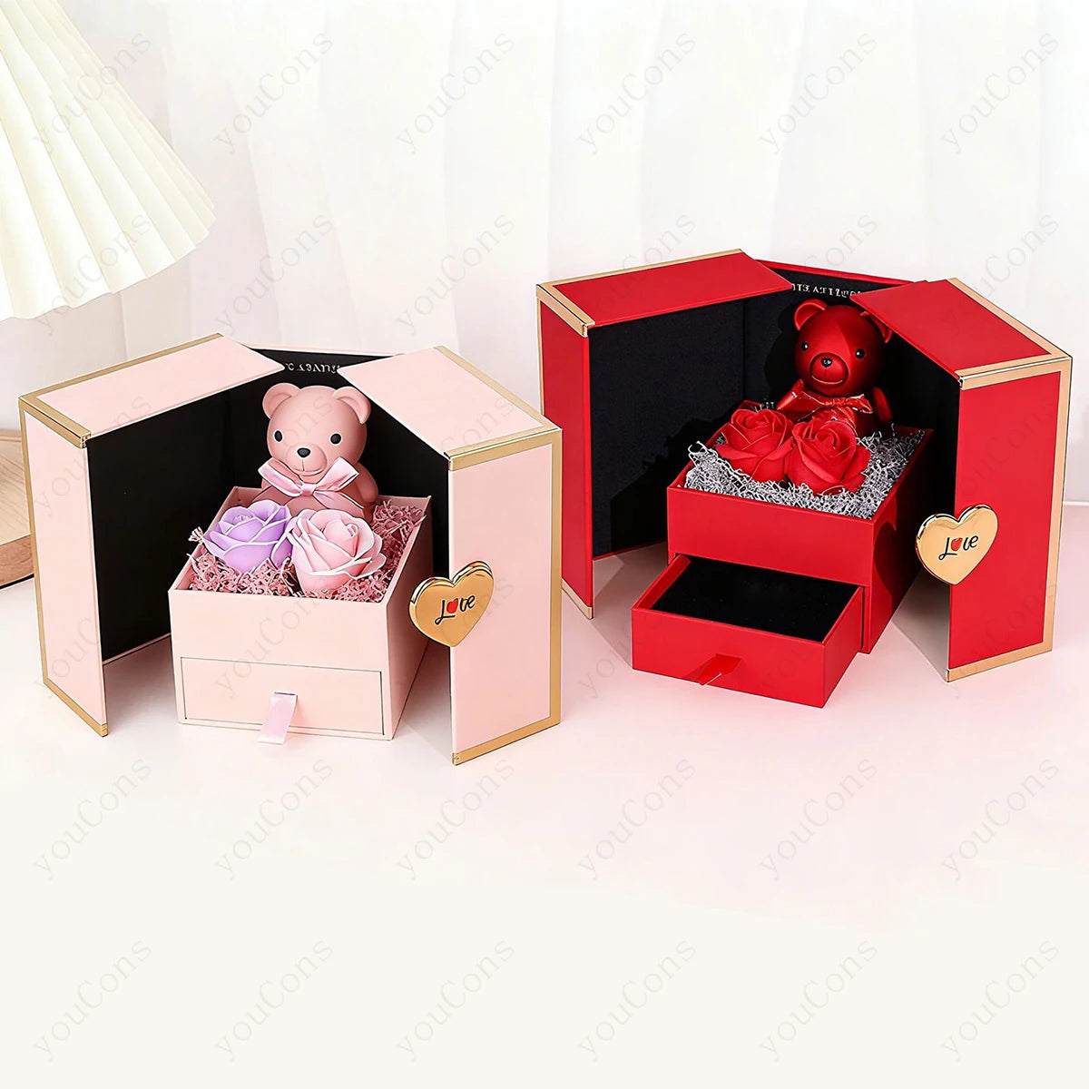 ❤️ Personalisierte Foto Projektions Halskette mit eigenem Bild – Herz Anhänger aus Edelstahl mit Bärchen Rosen Geschenkbox für Damen