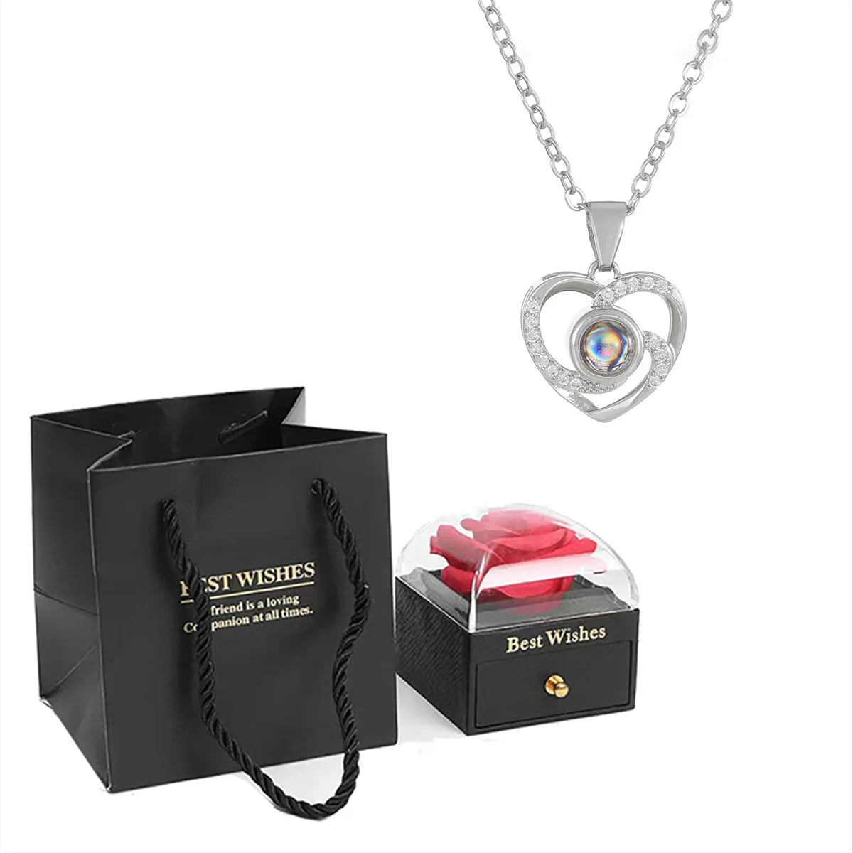 ❤️ Personalisierte Foto Projektions Halskette mit eigenem Bild – Herz Anhänger aus Edelstahl mit schwarzer Rosen Geschenkbox für Damen