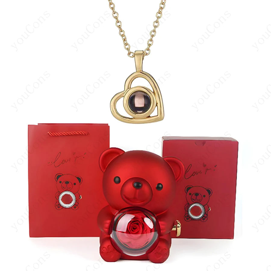 ❤️ Personalisierte Foto Projektions Halskette mit eigenem Bild – Herz Anhänger aus Edelstahl mit Bären Rosen Geschenkbox für Damen