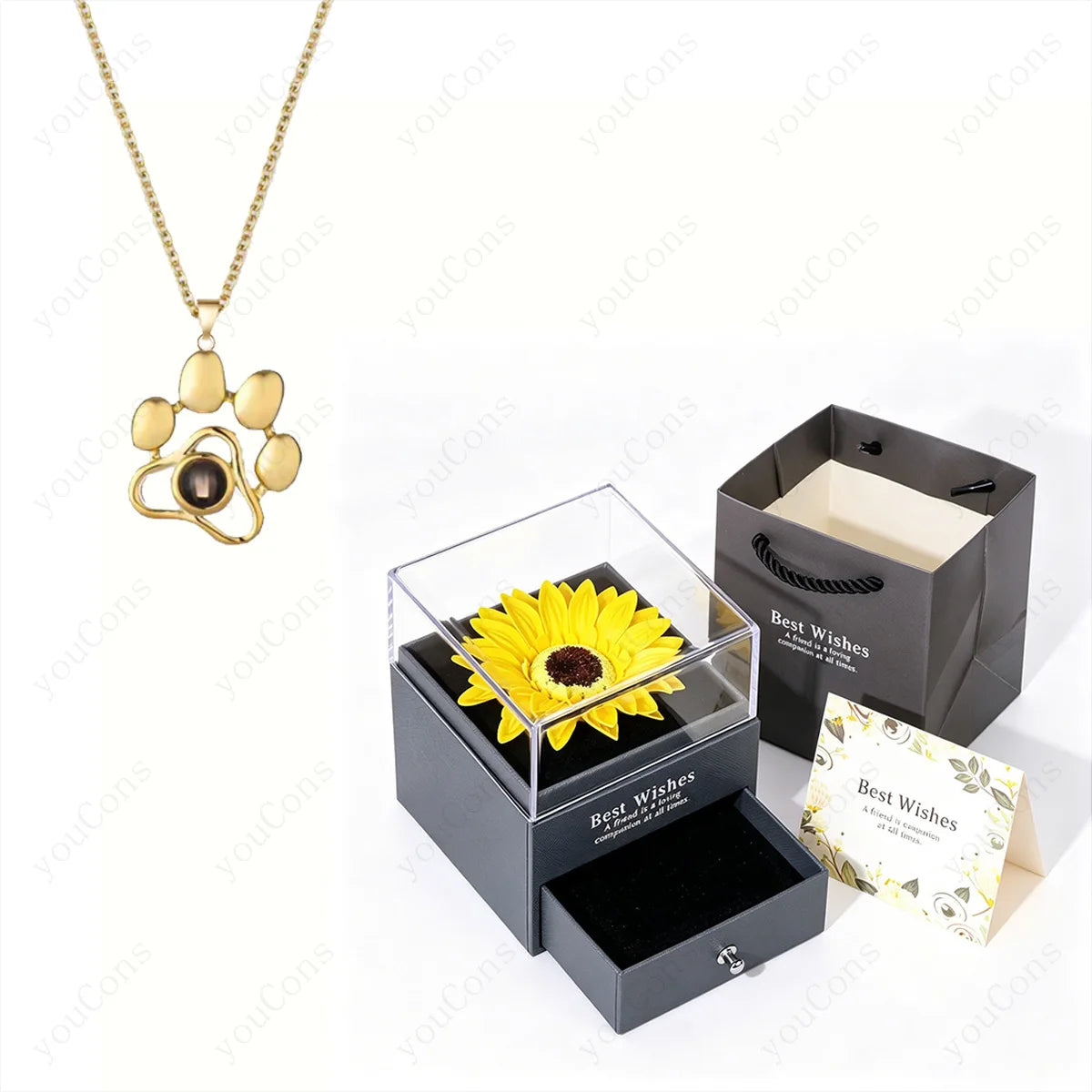 ❤️ Personalisierte Foto Projektions Halskette mit eigenem Bild – Edelstahl Anhänger mit Sonnenblumen Geschenkbox für Damen
