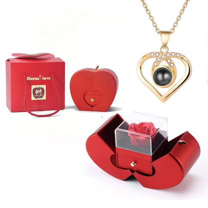 ❤️ Personalisierte Foto Projektions Halskette mit eigenem Bild – Herz Anhänger aus Edelstahl mit Apfelrosen Geschenkbox für Damen & Haustiere