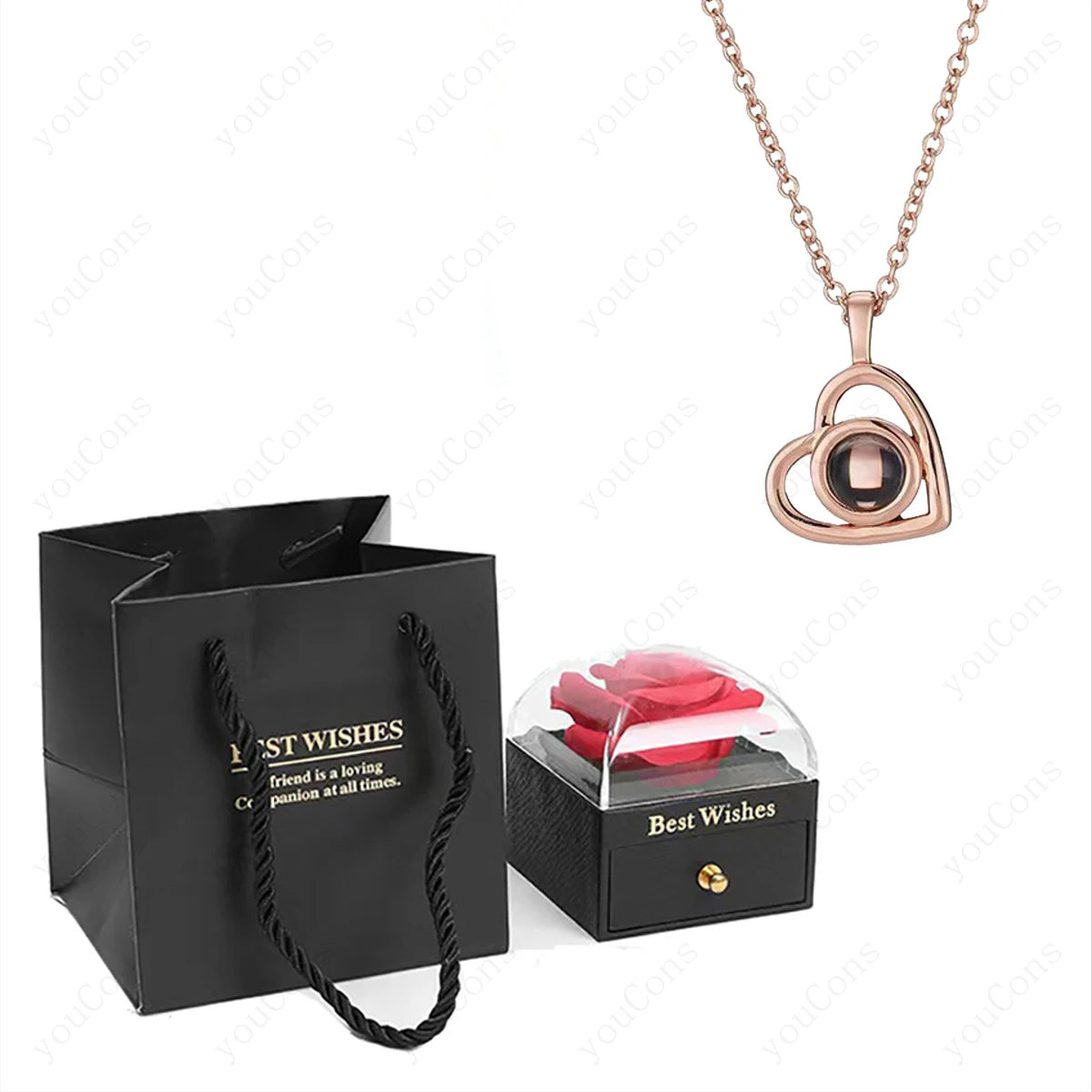 ❤️ Personalisierte Foto Projektions Halskette mit eigenem Bild – Herz Anhänger aus Edelstahl mit Rosen Geschenkbox für Damen