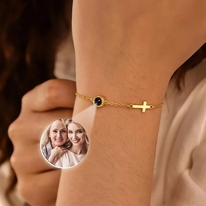 ❤️ Personalisiertes Foto-Projektionsarmband mit Kreuz aus Edelstahl – Individuelles Armband mit Bild