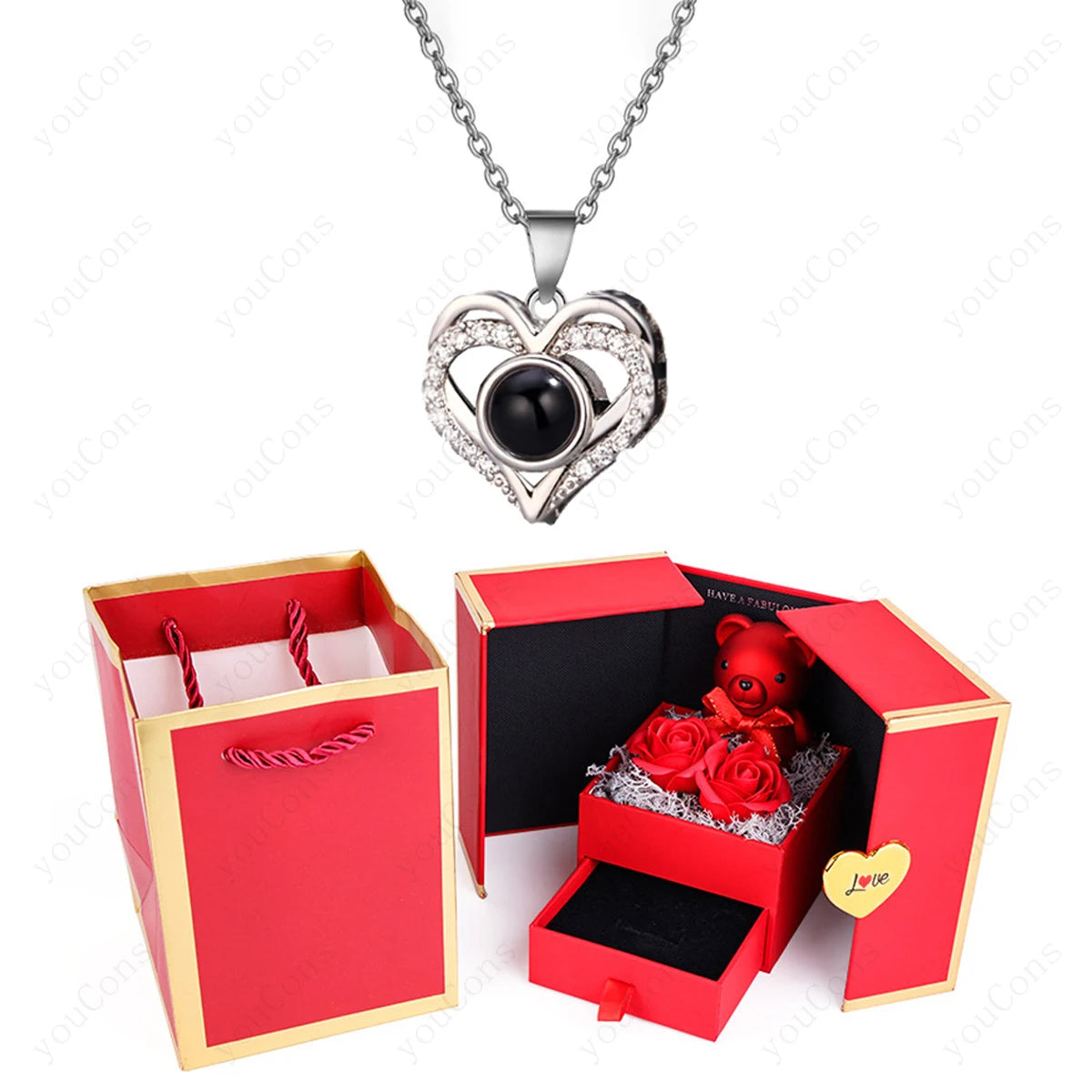 ❤️ Personalisierte Foto Projektions Halskette mit eigenem Bild – Herz Anhänger aus Edelstahl mit Bärchen Rosen Geschenkbox für Damen