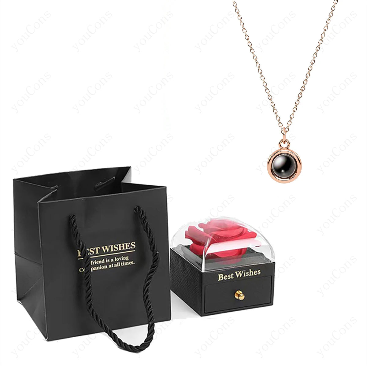 ❤️ Personalisierte Foto Projektions Halskette mit eigenem Bild – Herz Anhänger aus Edelstahl mit Rosen Geschenkbox für Damen