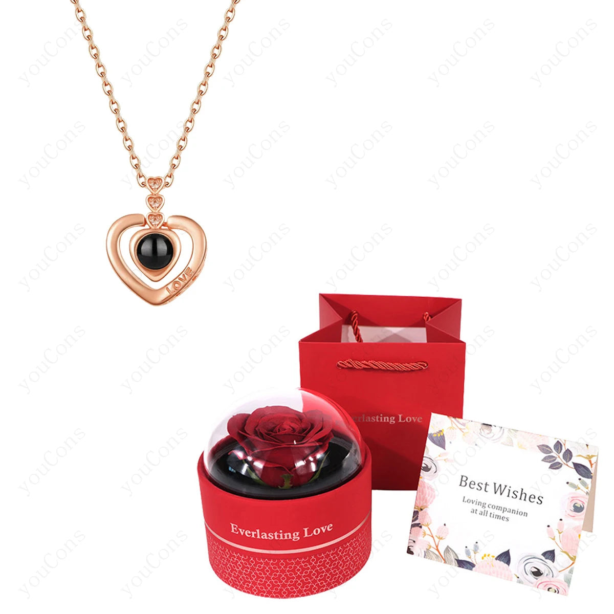 ❤️ Personalisierte Foto Projektions Halskette mit eigenem Bild – Edelstahl Halskette mit luxuriöser roter Rosen Geschenkbox für Damen