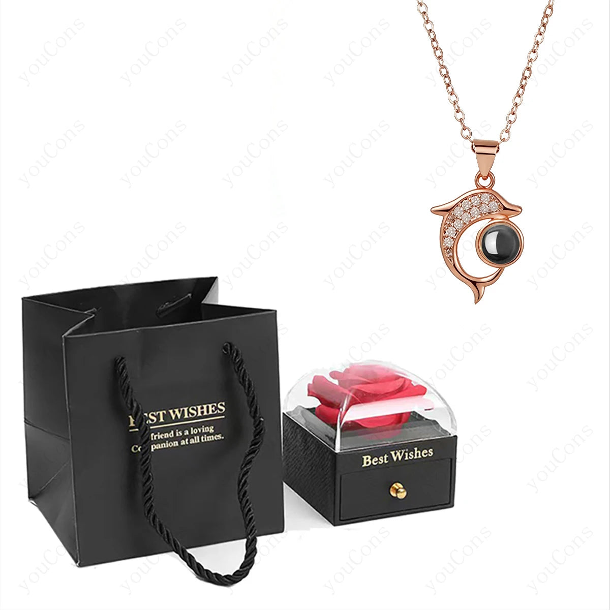 ❤️ Personalisierte Foto Projektions Halskette mit eigenem Bild – Herz Anhänger aus Edelstahl mit Rosen Geschenkbox für Damen