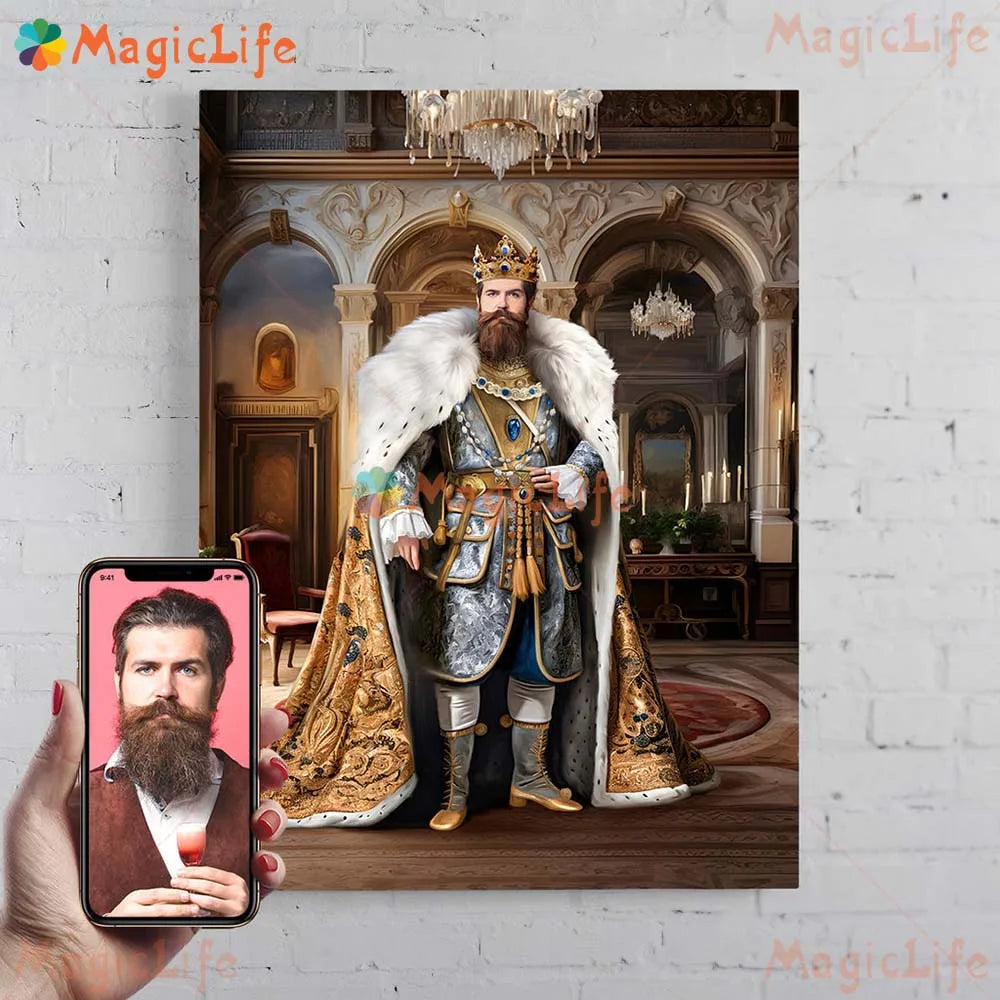 ✨ Personalisiertes Männer König & Prinz Portrait Poster – Vintage Leinwand Wandkunst