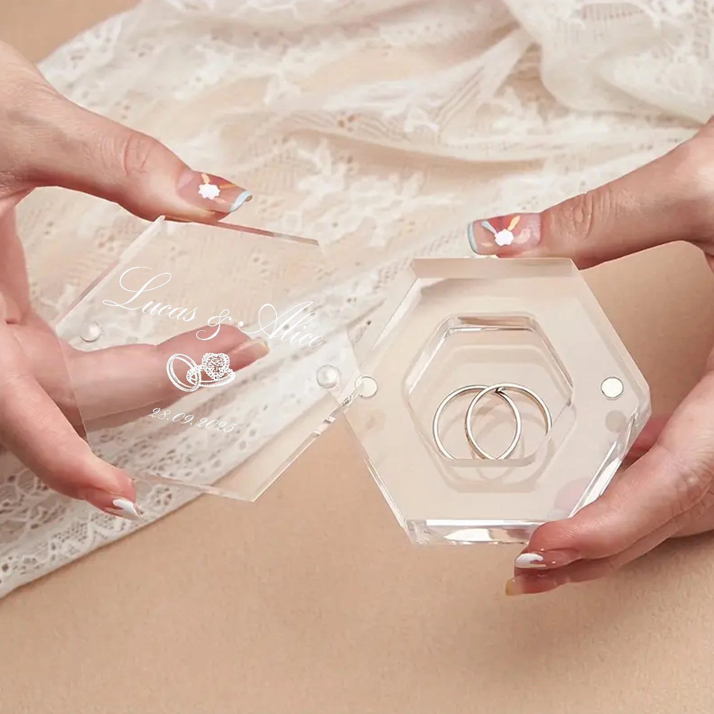 ✨ Personalisierte sechseckige Ringbox – Individuelle Acryl-Ringträgerbox für Verlobung & Hochzeit