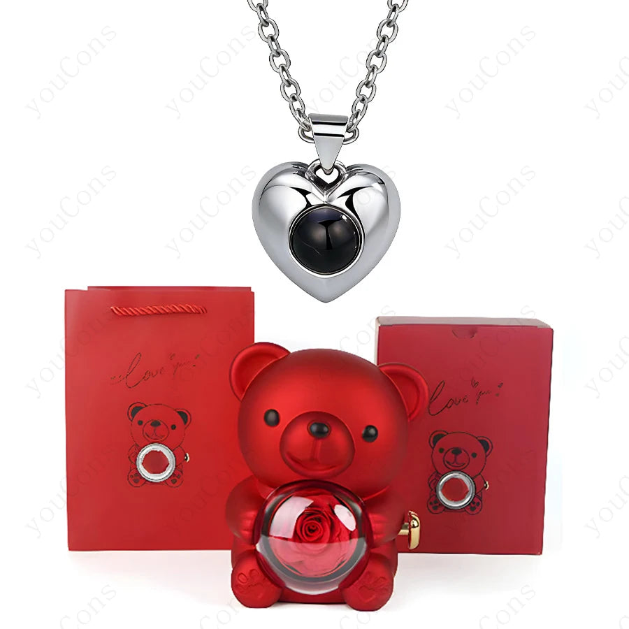 ❤️ Personalisierte Foto Projektions Halskette mit eigenem Bild – Herz Anhänger aus Edelstahl mit Bären Rosen Geschenkbox für Damen