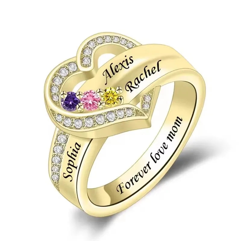 💍 Personalisierter Geburtsstein Ring mit Namen – 💎 Individueller Familienring mit Herz & Zirkonia – 🎁 Personalisiertes Geschenk für Frauen