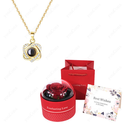 ❤️ Personalisierte Foto Projektions Halskette mit eigenem Bild – Edelstahl Halskette mit luxuriöser roter Rosen Geschenkbox für Damen