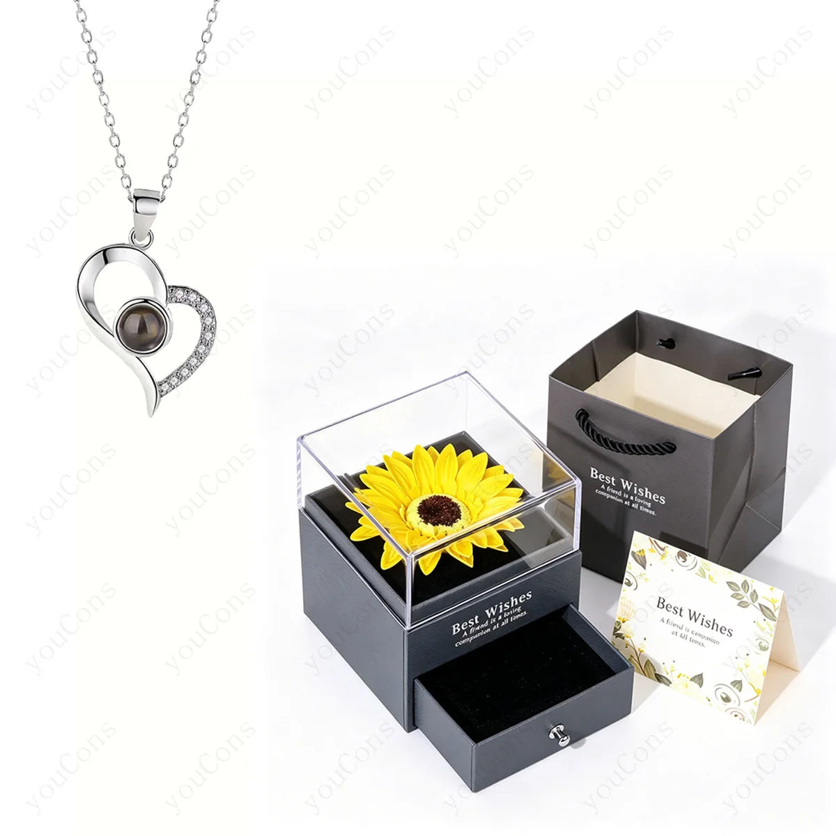 ❤️ Personalisierte Foto Projektions Halskette mit eigenem Bild – Edelstahl Anhänger mit Sonnenblumen Geschenkbox für Damen