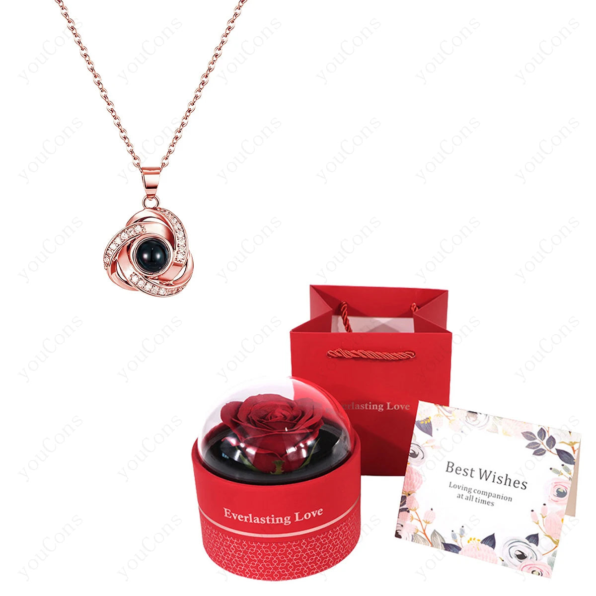 ❤️ Personalisierte Foto Projektions Halskette mit eigenem Bild – Edelstahl Halskette mit luxuriöser roter Rosen Geschenkbox für Damen