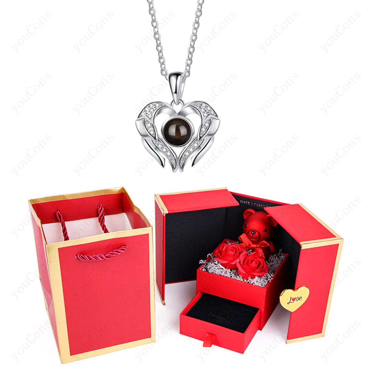 ❤️ Personalisierte Foto Projektions Halskette mit eigenem Bild – Herz Anhänger aus Edelstahl mit Bärchen Rosen Geschenkbox für Damen