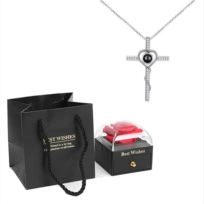 ❤️ Personalisierte Foto Projektions Halskette mit eigenem Bild – Herz Anhänger aus Edelstahl mit schwarzer Rosen Geschenkbox für Damen